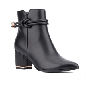 TORGEIS Talli Pointed Toe Block Heel Ankle Bootie Boots Gold Accents